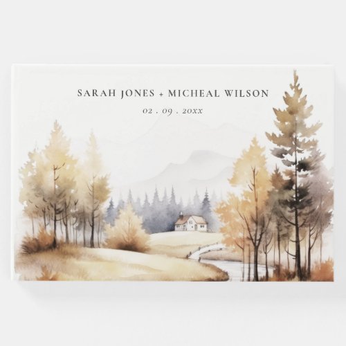 Muted Watercolor Fall Autumn Landscape Wedding Guest Book