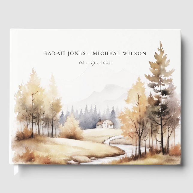 Muted Watercolor Fall Autumn Landscape Wedding Guest Book (Front)
