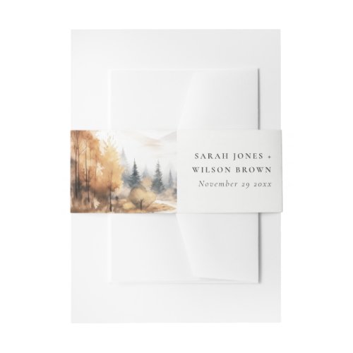 Muted Watercolor Fall Autumn Landscape Wedding Invitation Belly Band