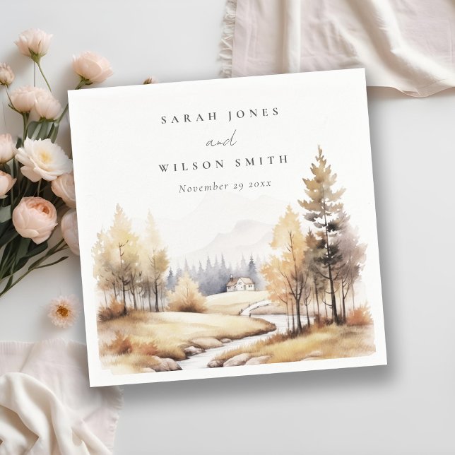 Muted Watercolor Fall Autumn Landscape Wedding Napkins (Creator Uploaded)
