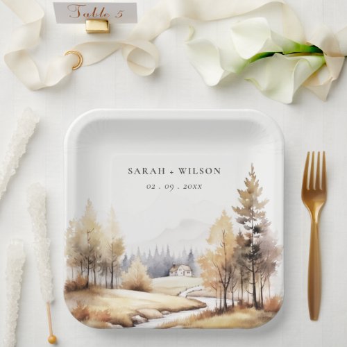 Muted Watercolor Fall Autumn Landscape Wedding Paper Plates