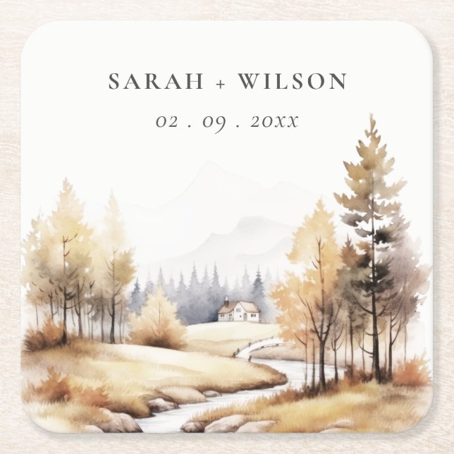 Muted Watercolor Fall Autumn Landscape Wedding Square Paper Coaster (Front)