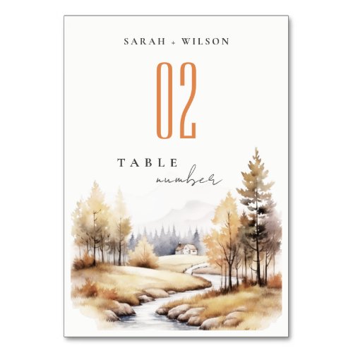 Muted Watercolor Fall Autumn Landscape Wedding Table Number