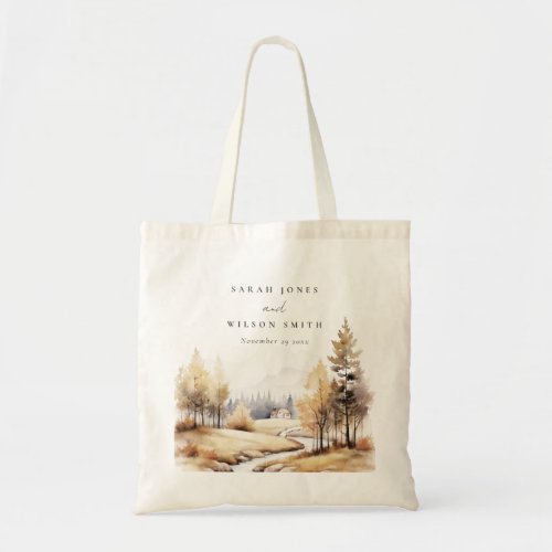 Muted Watercolor Fall Autumn Landscape Wedding Tote Bag
