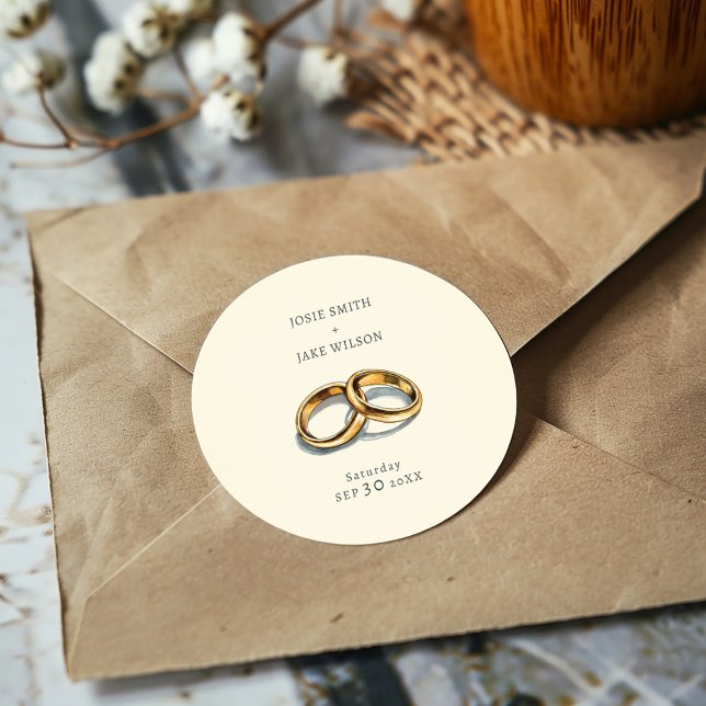 Muted wedding rings wedding classic round sticker (Delicate gold rings on a muted background sticker, evoking elegance and serene romance for weddings.)