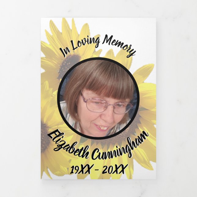Muted Yellow Sunflowers Five Photo Memorial  Tri-Fold Announcement (Cover)