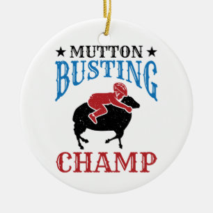 Mutton Busting Champ Sheep Riding Ceramic Ornament