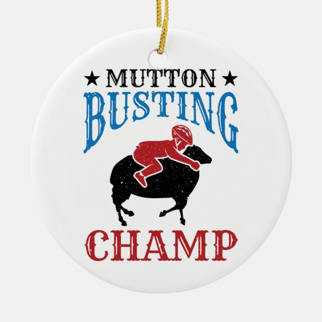 Mutton Busting Champ Sheep Riding Ceramic Ornament (Front)