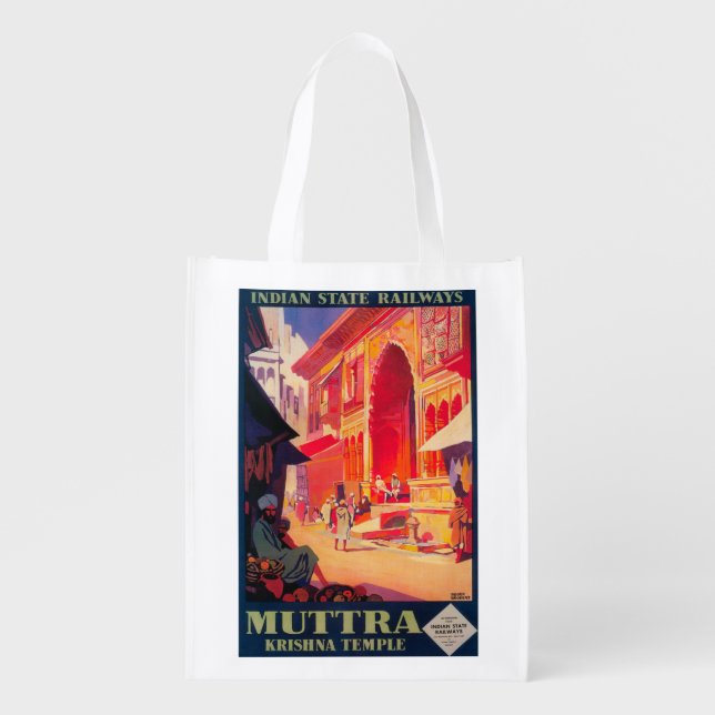 Muttra Krishna Temple Travel Poster Grocery Bag (Front)