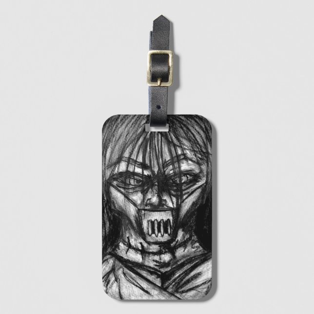 Muzzled Patient in Straitjacket Charcoal Art Luggage Tag (Front Vertical)