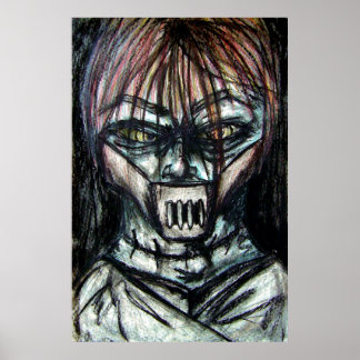 Muzzled Patient in Straitjacket Charcoal Art Poster
