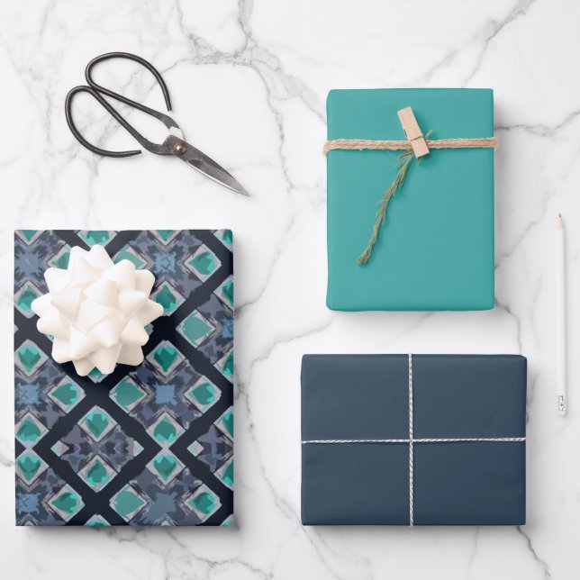 MVB Double Diamond Tribal Blue Pattern Wrapping Paper Sheets (Front)