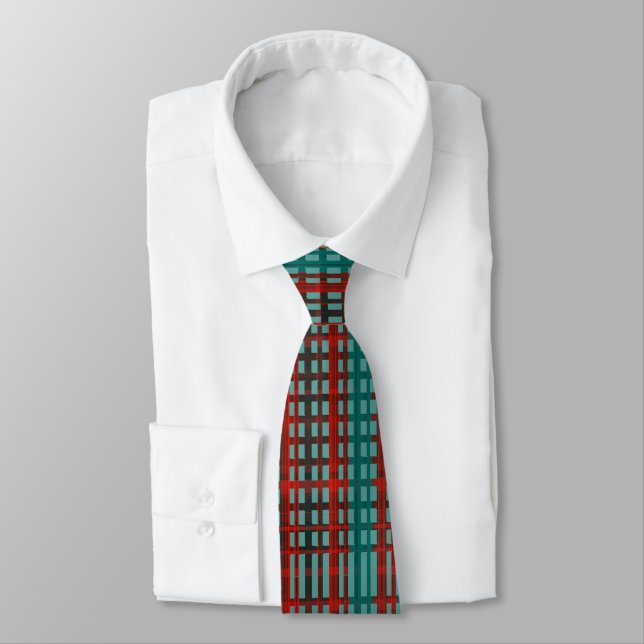 MVB Red Teal Plaid Pattern Neck Tie (Tied)