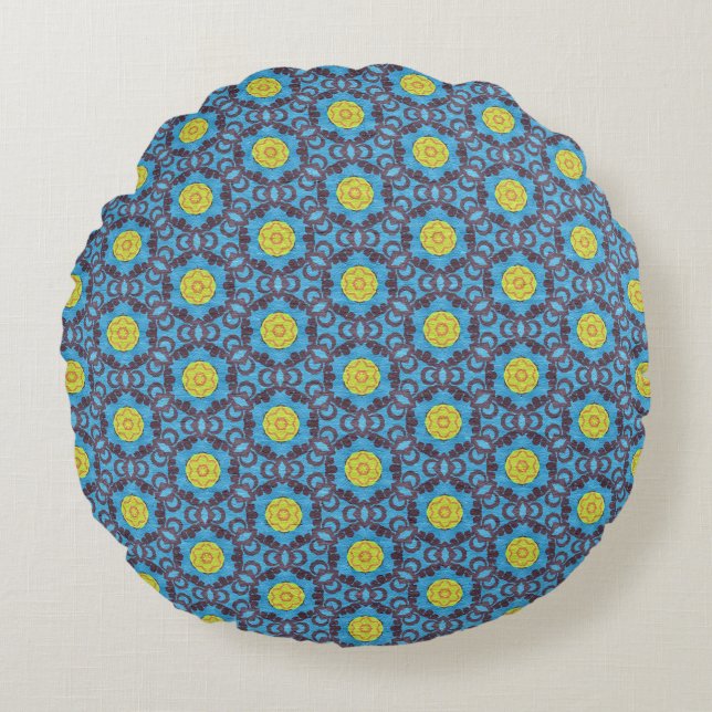 MVB Retro Blue Pattern with Yellow Flower Design  Round Pillow (Front)
