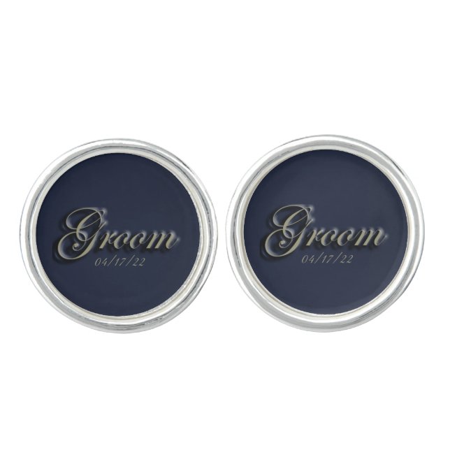 MVB Solid Navy -Blue with faded Gold Groom Text Cufflinks (Front)