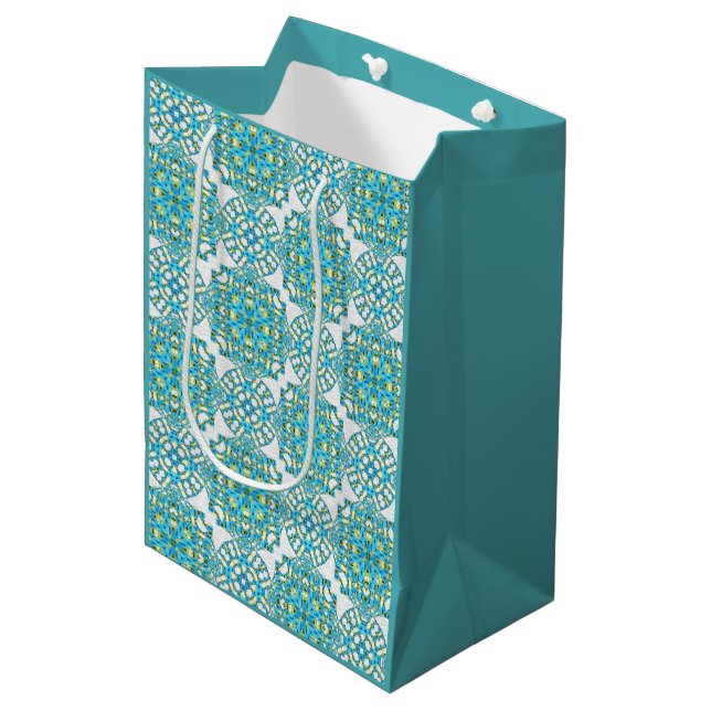 MVB Teal Blue & Yellow Faux Lace Medium Gift Bag (Front Angled)