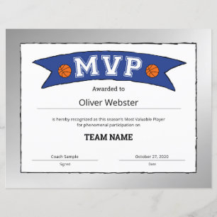 MVP Player MVP Certificates BasketballCertificates