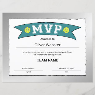 MVP Player - MVP Certificates - Tennis Certificate
