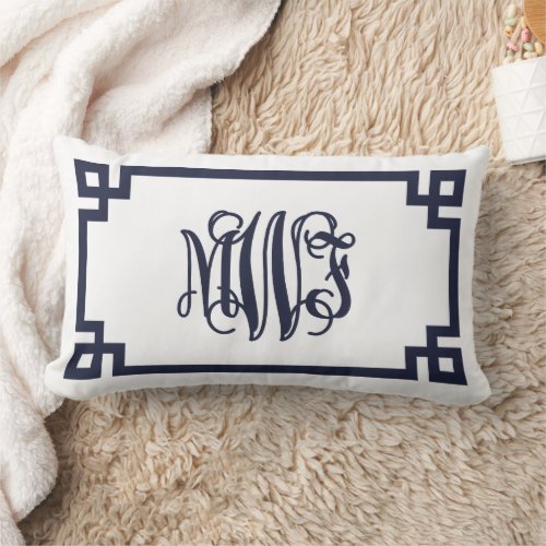 MWF Navy and White Greek Key Script Monogram Lumbar Pillow