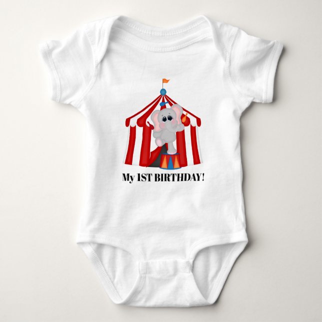 My 1st Birthday add message circus elephant Baby Bodysuit (Front)
