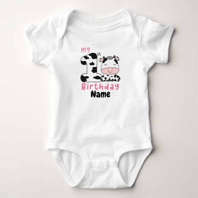 My 1st Birthday Cow, Custom Baby Girl Farm 1st BD Baby Bodysuit (Front)
