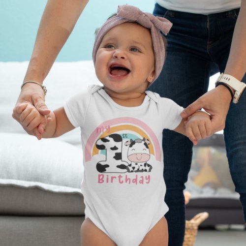 My 1st birthday Cow Rainbow Cute Baby Bodysuit