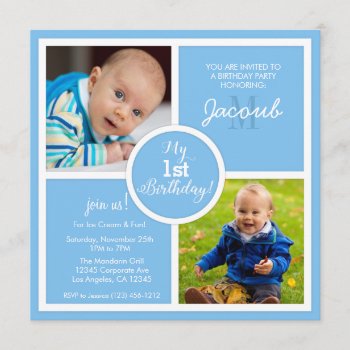 My 1st Birthday (first) -sky Blue Squares & Photo Invitation by eatlovepray at Zazzle