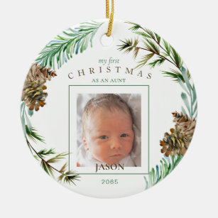 My 1st Christmas As An Aunt Name Foliage Photo Ceramic Ornament