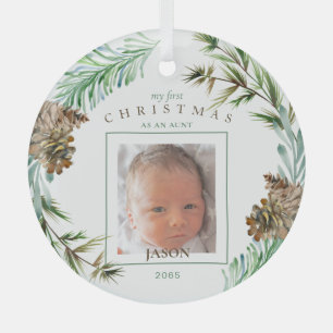 My 1st Christmas As An Aunt Name Foliage Photo Glass Ornament