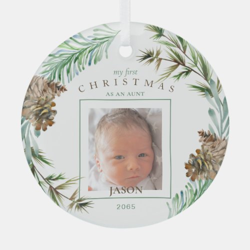 My 1st Christmas As An Aunt Name Foliage Photo  Glass Ornament