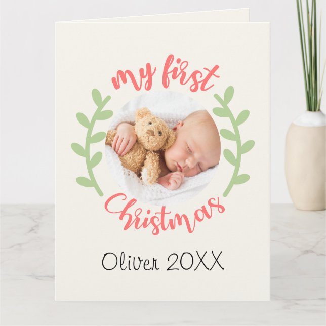 My 1st Christmas Baby Name PHOTO Wreath Holiday  Card (Front)