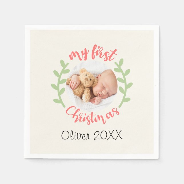 My 1st Christmas Baby Name PHOTO Wreath Holiday  Napkins (Front)