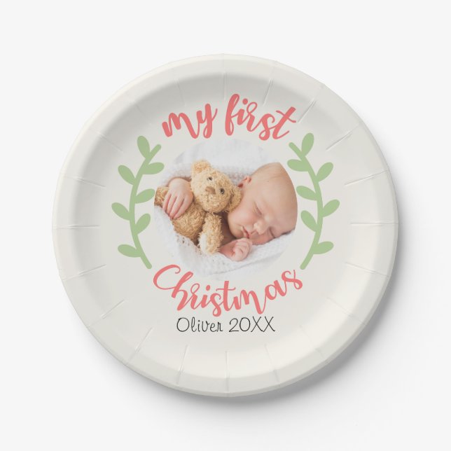 My 1st Christmas Baby Name PHOTO Wreath Holiday  Paper Plates (Front)