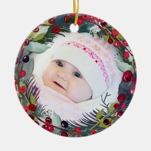 My 1st Christmas Baby Photo Holly Wreath Ceramic Ornament