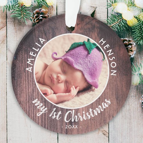 My 1st Christmas Babys First Pink Wood Photo Ornament