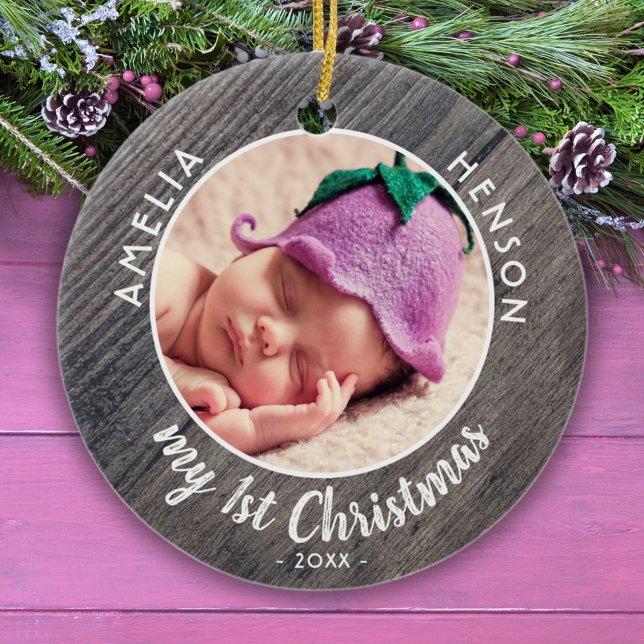My 1st Christmas Baby`s First Rustic Wood Photo Ceramic Ornament (Creator Uploaded)