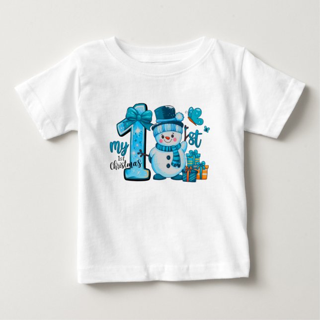 My 1st Christmas, Blue Snowman Baby T-Shirt (Front)