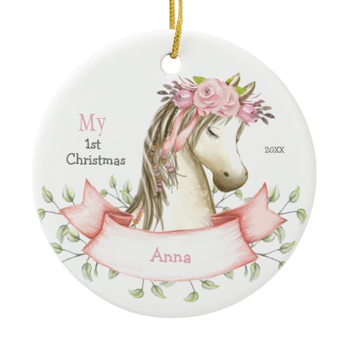 My 1st Christmas Boho Pony Name Pink Ceramic Ornament