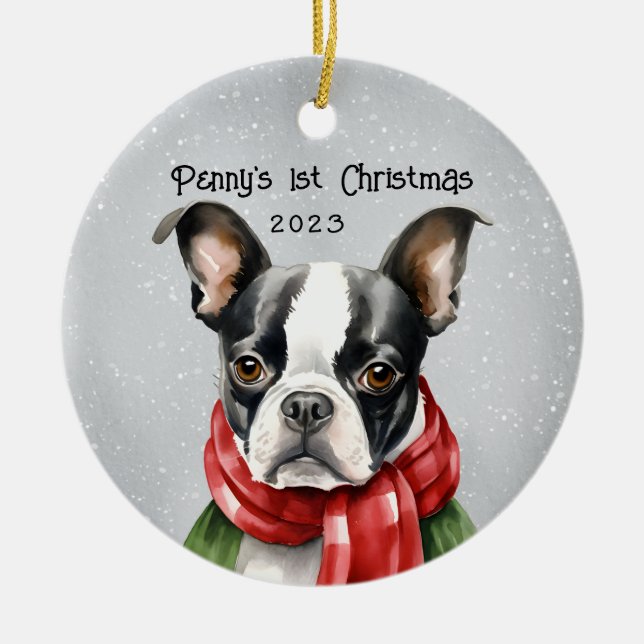 My 1st Christmas Boston Terrier Ceramic Ornament (Front)