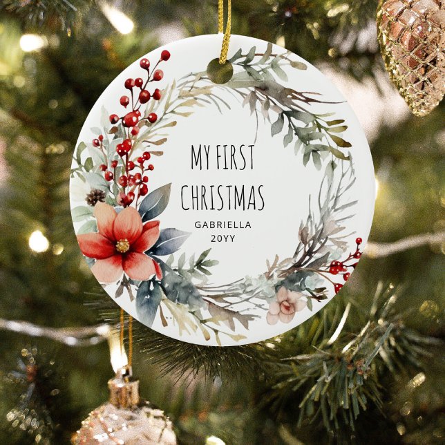 My 1st Christmas Botanical Festive Wreath Ceramic Ornament (Creator Uploaded)
