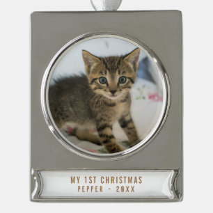 My 1st Christmas Cat Photo Keepsake Silver Plated Banner Ornament