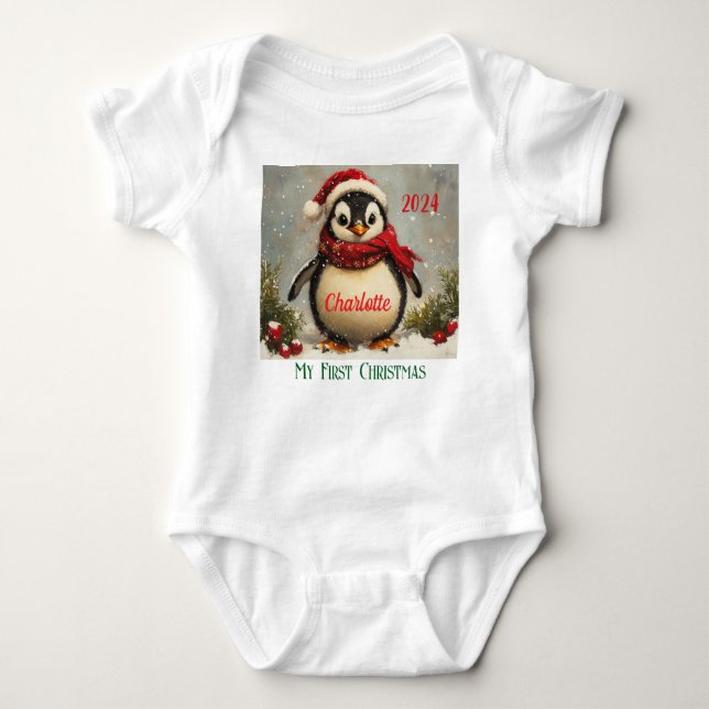 My 1st Christmas, Customized Baby Gift, Penguin  Baby Bodysuit (Front)