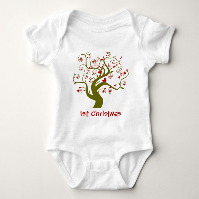My 1st Christmas Cute Bird Swirl Tree Baby Bodysuit (Front)