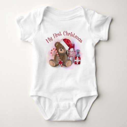 My 1st Christmas Cute Candy Cane Bear Modern Baby Bodysuit