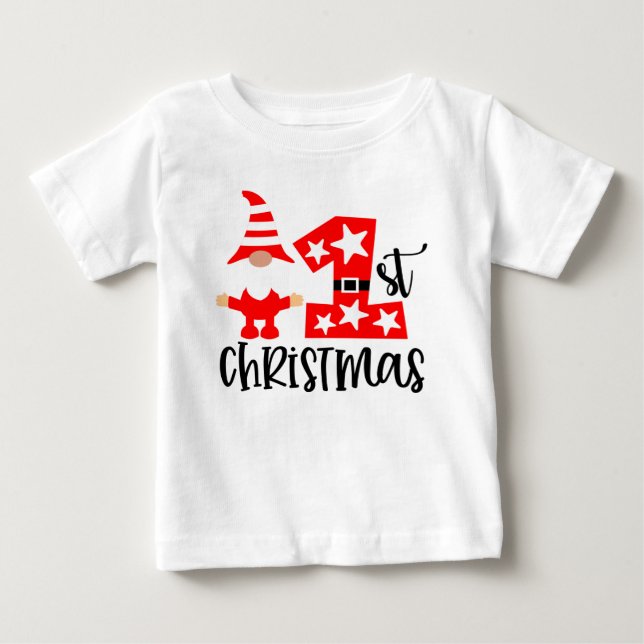 My 1st Christmas Cute Gnome Santa Modern Baby T-Shirt (Front)