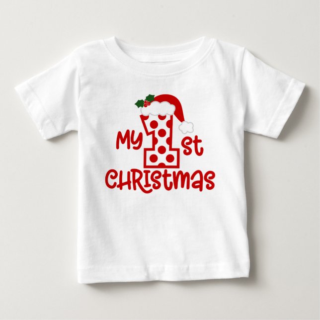 My 1st Christmas Cute Modern Polka Dot Santa Hat Baby T-Shirt (Front)
