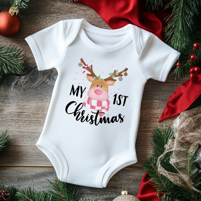 My 1st Christmas Cute Reindeer Girl Modern Baby Bodysuit (Creator Uploaded)