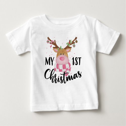 My 1st Christmas Cute Reindeer Girl Modern Baby T_Shirt