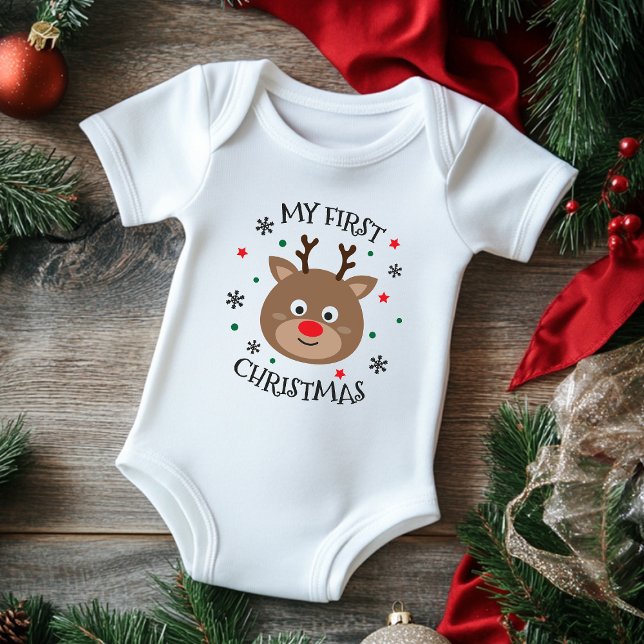 My 1st Christmas Cute Reindeer Snowflake Modern Baby Bodysuit (Creator Uploaded)
