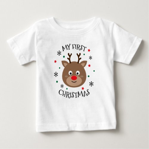 My 1st Christmas Cute Reindeer Snowflake Modern Baby T_Shirt